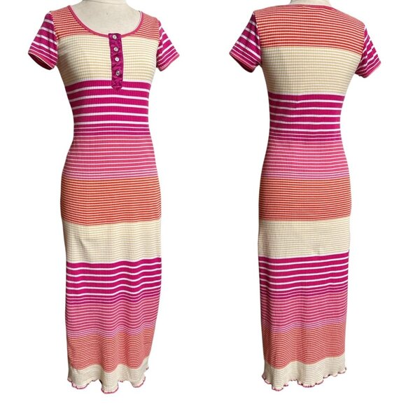 90s vintage Esprit t-shirt dress stripe pattern ribbed short cap sleeve maxi. - Picture 5 of 10
